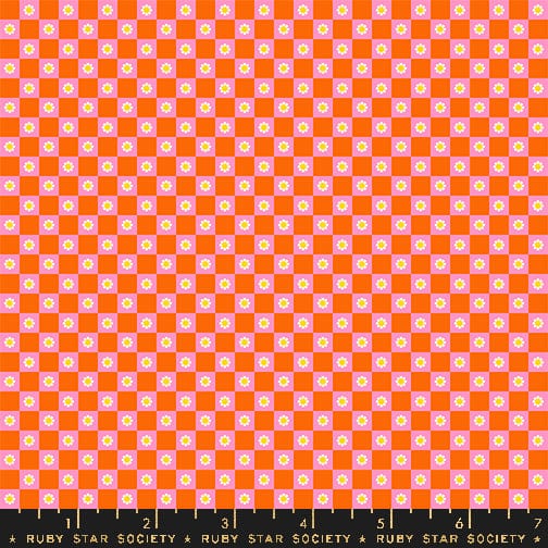 Cotton quilting fabric pattern called 'Flower Check in Goldfish'. Part of the 'Animal Animal' fabric collection. Designed by Ruby Star Society for fabric company MODA. SKU: RS5169 14. 44-45 inch width.