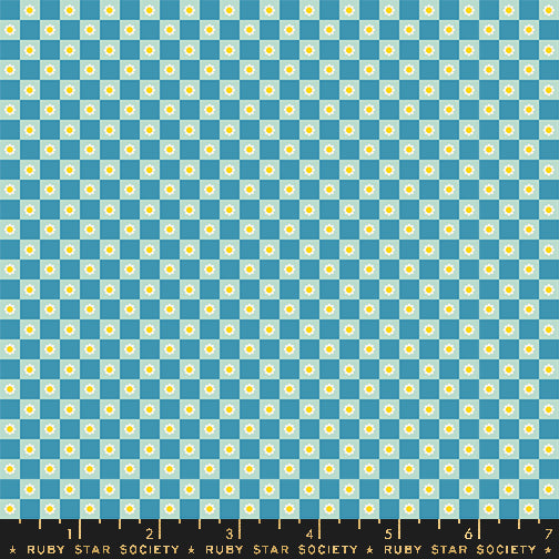 Cotton quilting fabric pattern called 'Flower Check in Vintage Blue'. Part of the 'Animal Animal' fabric collection. Designed by Ruby Star Society for fabric company MODA. SKU: RS5169 15. 44-45 inch width.