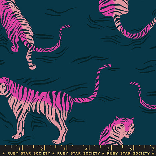 Tigress in Dark Teal rayon fabric, part of the Poolside Too fabric collection by Ruby Star Society (SKU: RS5206 13R)