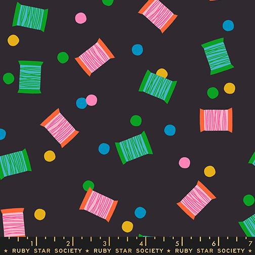 Spools in Soft Black quilting fabric, part of the 1 800 Notion fabric collection by Ruby Star Society (SKU: RS5212 15)