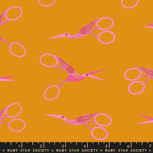 Stork Scissors in Honey quilting fabric, part of the 1 800 Notion fabric collection by Ruby Star Society (SKU: RS5216 13)