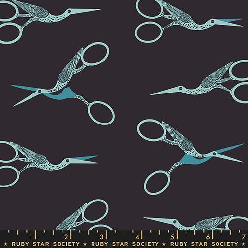 Stork Scissors in Soft Black quilting fabric, part of the 1 800 Notion fabric collection by Ruby Star Society (SKU: RS5216 15)