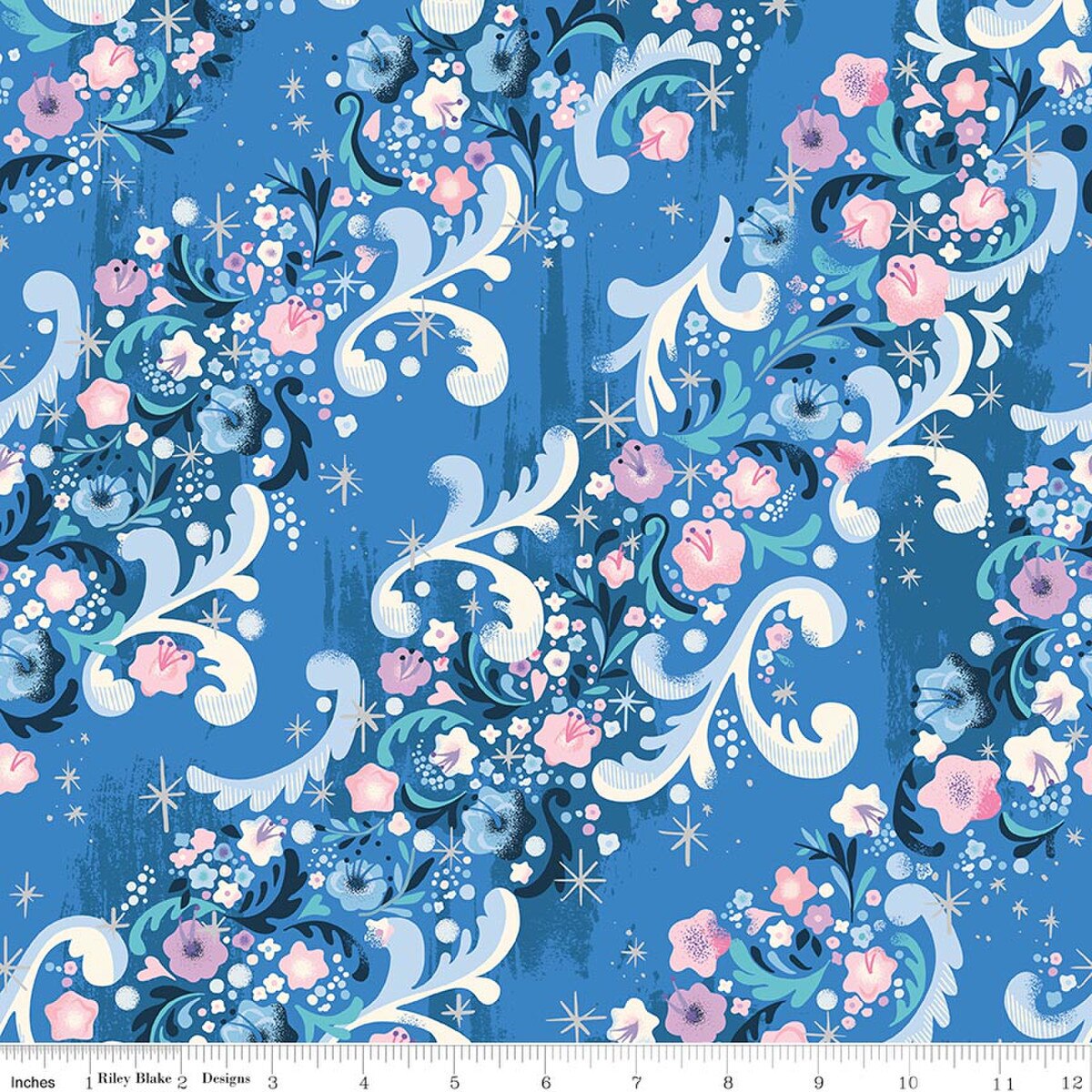 Cindy's Flowers Blueberry Sparkle quilting fabric, part of the Wishes fabric collection by Jill Howarth (SKU: SC18074-BLUEBERRY)