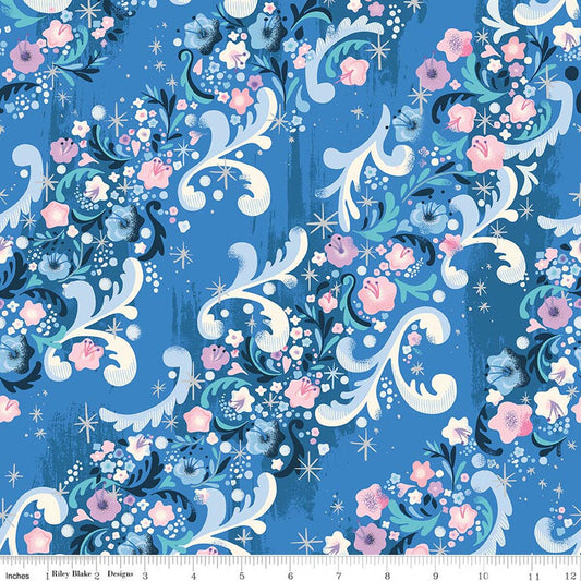 Cindy's Flowers Blueberry Sparkle quilting fabric, part of the Wishes fabric collection by Jill Howarth (SKU: SC18074-BLUEBERRY)