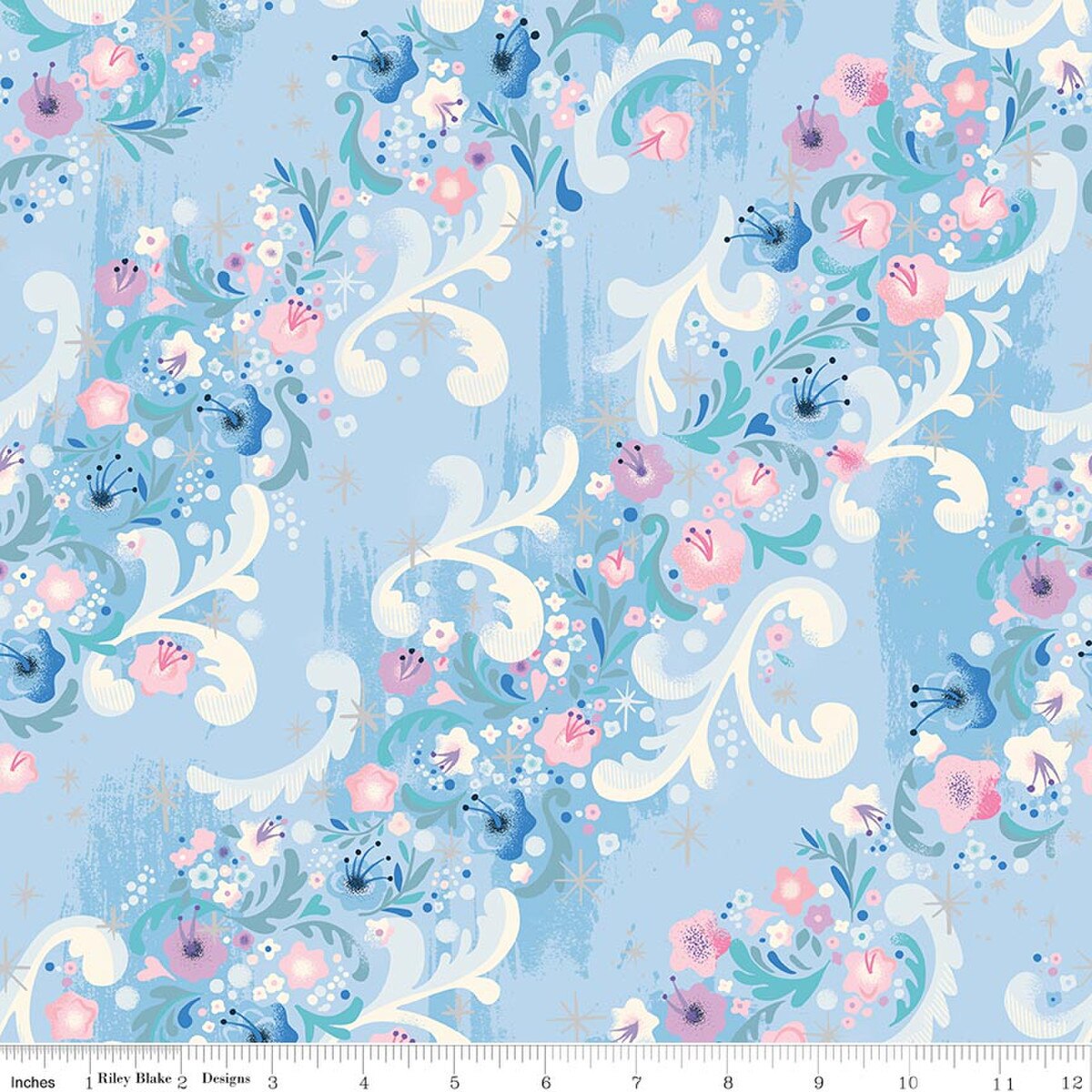 Cindy's Flowers Frost Sparkle quilting fabric, part of the Wishes fabric collection by Jill Howarth (SKU: SC18074-FROST)