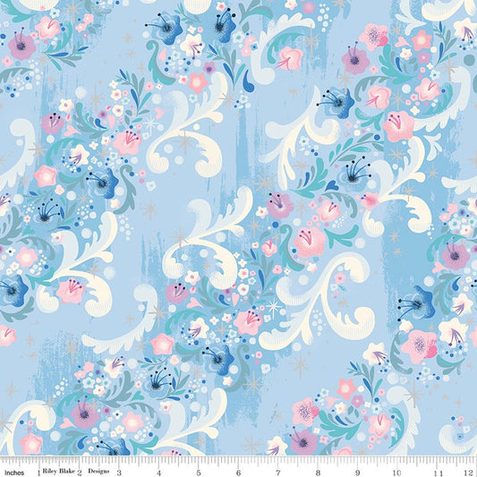 Cindy's Flowers Frost Sparkle quilting fabric, part of the Wishes fabric collection by Jill Howarth (SKU: SC18074-FROST)