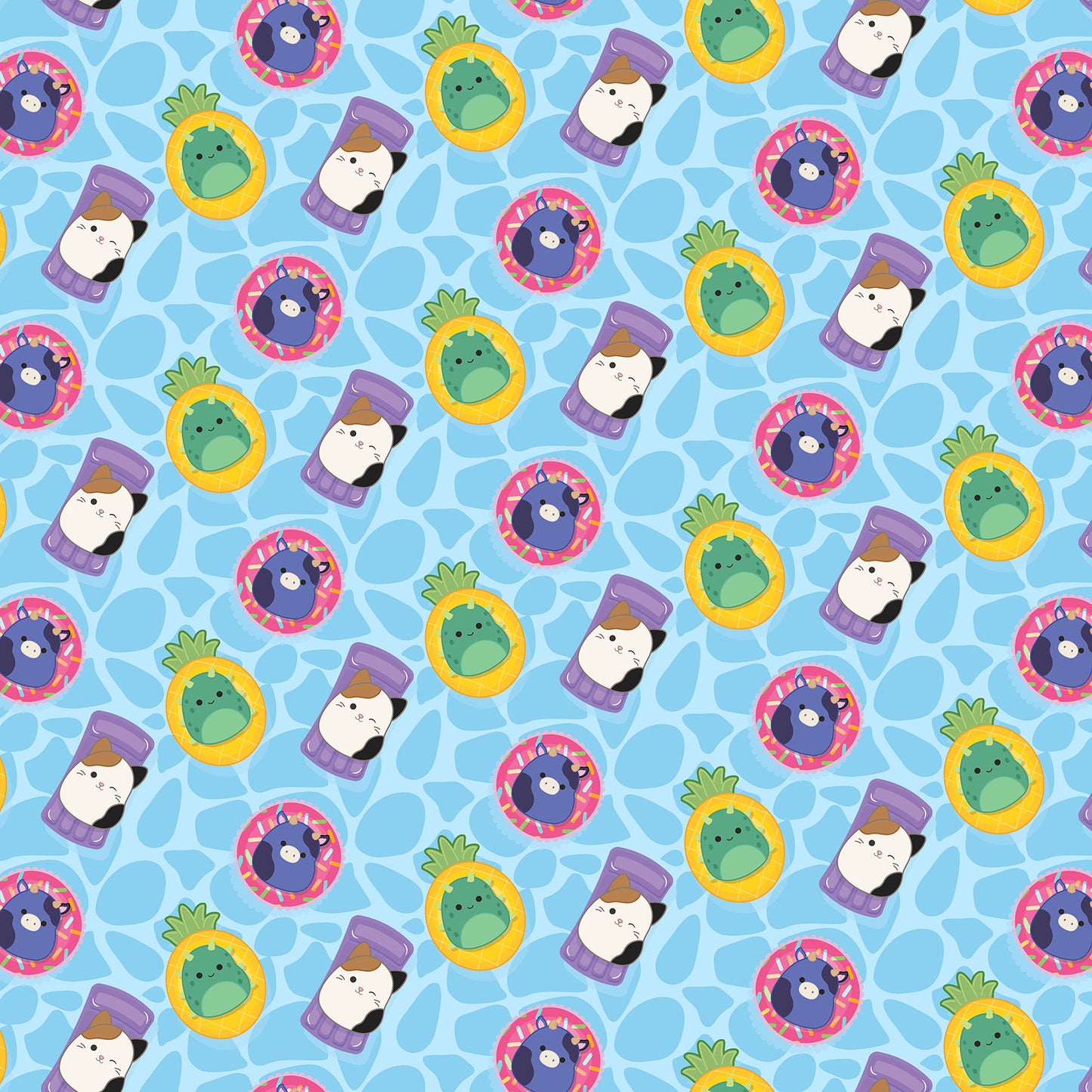 Floaties in Blue quilting fabric, part of the Summer Glow fabric collection by Squishmallows (SKU: SQ1067-45)