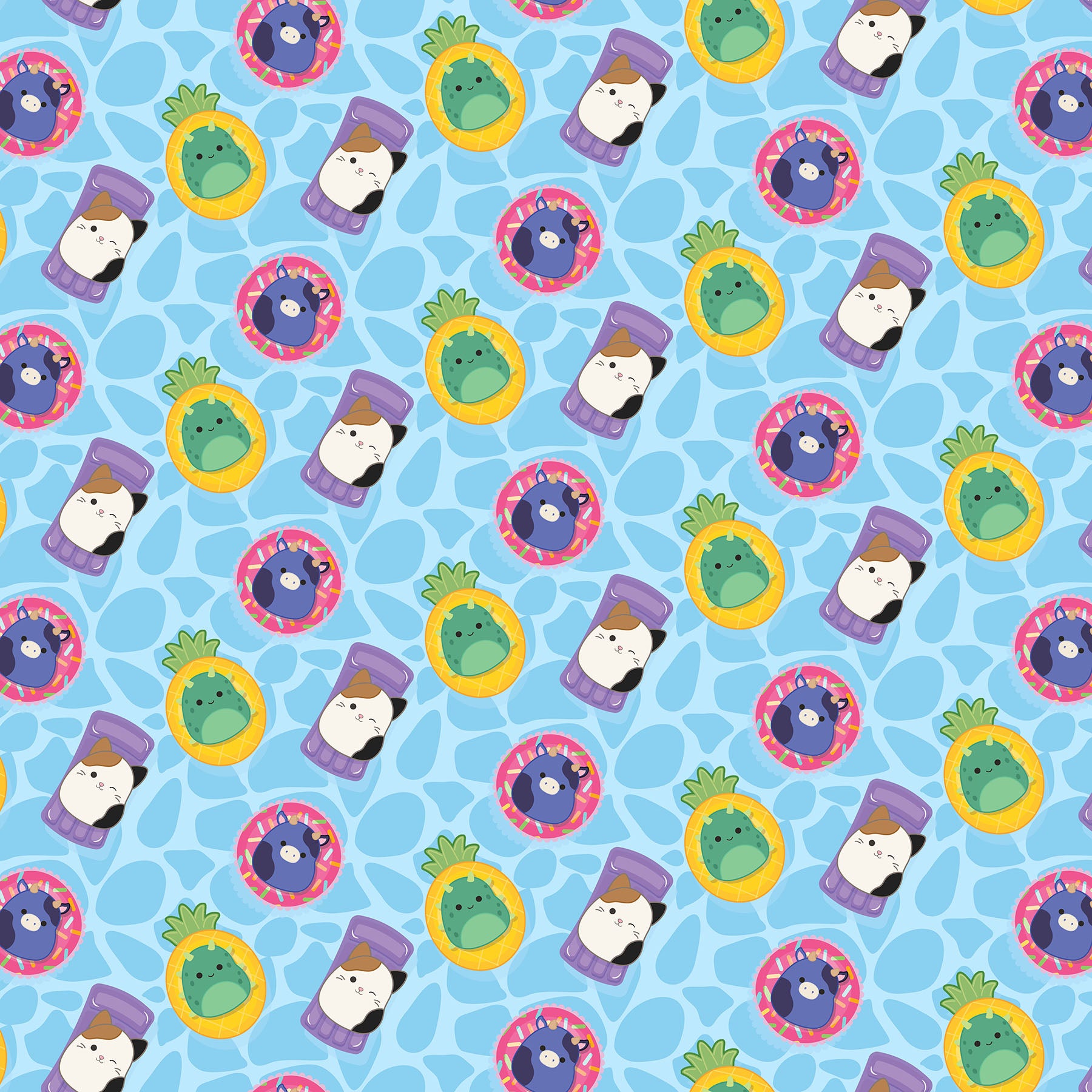 Floaties in Blue quilting fabric, part of the Summer Glow fabric collection by Squishmallows (SKU: SQ1067-45)