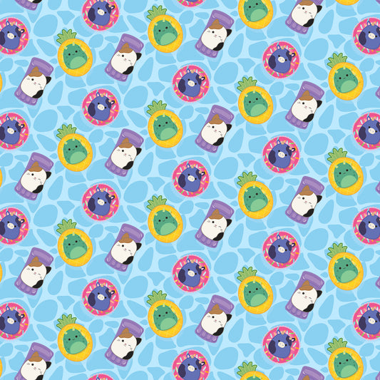 Floaties in Blue quilting fabric, part of the Summer Glow fabric collection by Squishmallows (SKU: SQ1067-45)