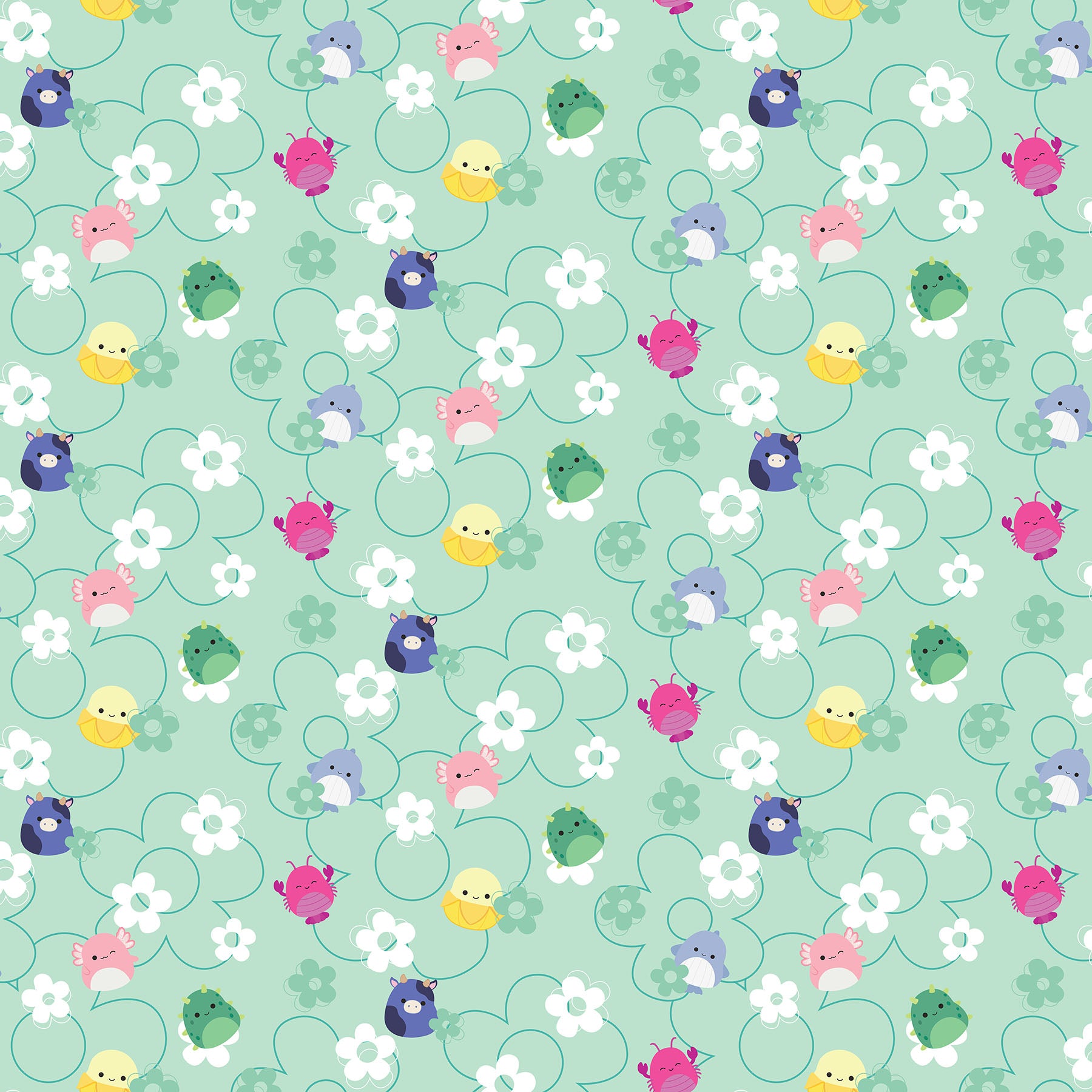 Flowers in Mint quilting fabric, part of the Summer Glow fabric collection by Squishmallows (SKU:SQ1068-73)