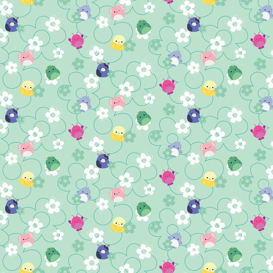 Flowers in Mint quilting fabric, part of the Summer Glow fabric collection by Squishmallows (SKU:SQ1068-73)