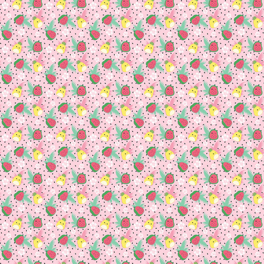 Tropical Punch in Pink quilting fabric, part of the Summer Glow fabric collection by Squishmallows (SKU: SQ1071-22)