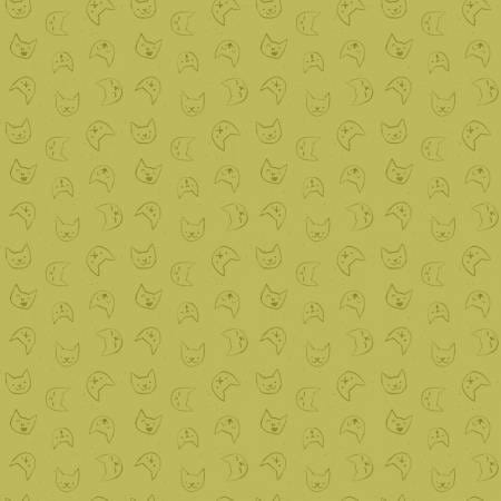 Cotton quilting fabric pattern called 'Emoti Cats in Guacamole'. Part of the 'Lazy Sunday' fabric collection. Designed by Pammie Jane Collection for fabric company Dear Stella. SKU: ST-DPJ2898GUACOMOLE. 44-45 inch width.