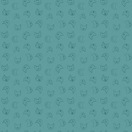 Cotton quilting fabric pattern called 'Emoti Cats in Teal'. Part of the 'Lazy Sunday' fabric collection. Designed by Pammie Jane Collection for fabric company Dear Stella. SKU: ST-DPJ2898TEAL. 44-45 inch width.