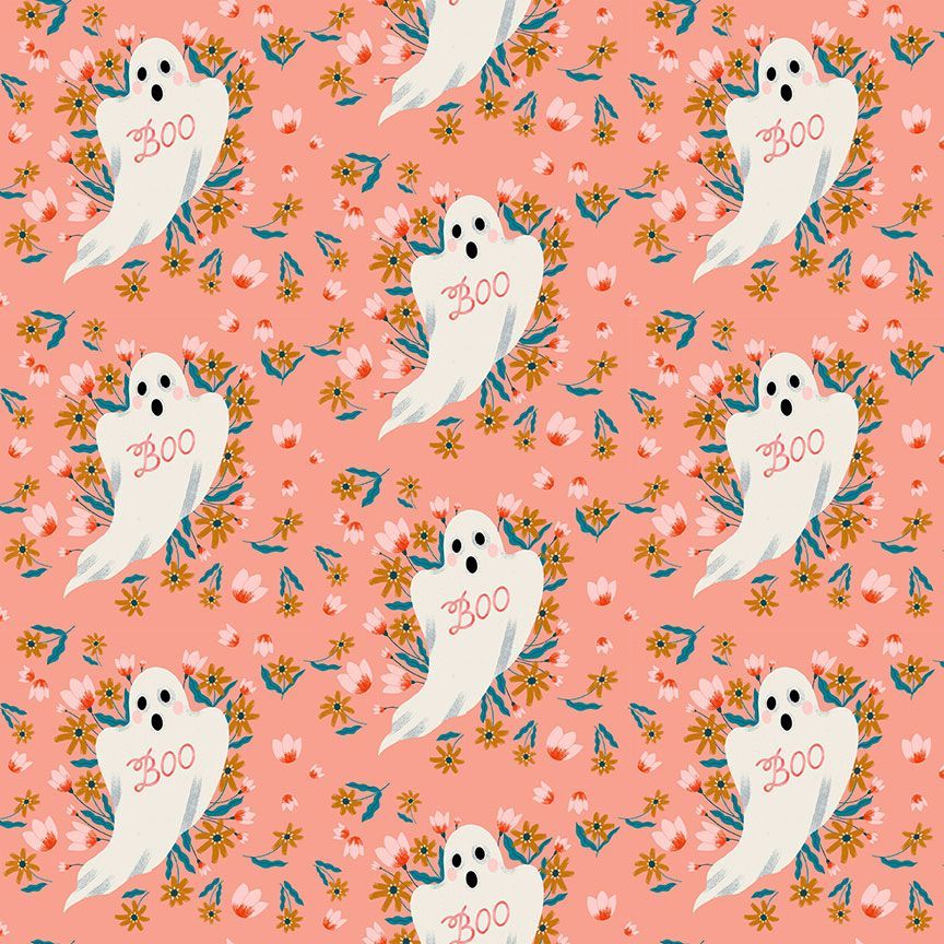 Cotton quilting fabric pattern called 'Boo in Papaya'. Part of the 'Boo!' fabric collection. Designed by Dear Stella Fabrics for fabric company Dear Stella Fabrics. SKU: ST-DFG2460PAPAYA. 44-45 inch width.