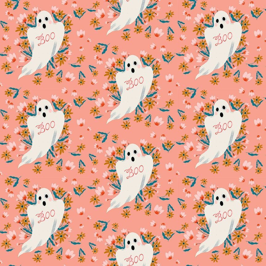 Cotton quilting fabric pattern called 'Boo in Papaya'. Part of the 'Boo!' fabric collection. Designed by Dear Stella Fabrics for fabric company Dear Stella Fabrics. SKU: ST-DFG2460PAPAYA. 44-45 inch width.