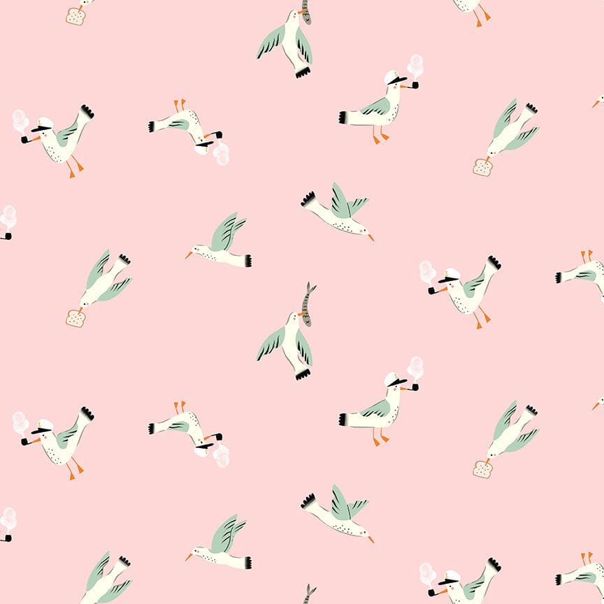 Cotton quilting fabric pattern called 'Seagulls in Blush'. Part of the 'Seafarer' fabric collection. Designed by Dear Stella for fabric company Dear Stella. SKU: ST-DFG2715BLUSH. 44-45 inch width.