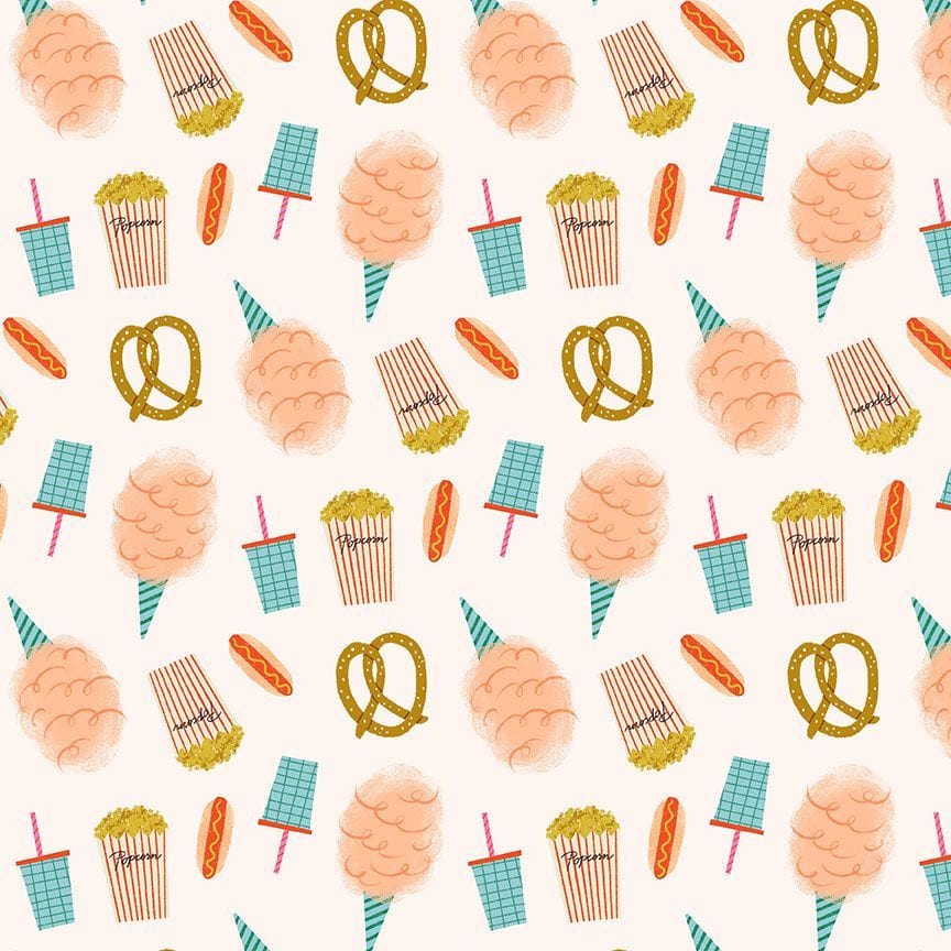 Cotton quilting fabric pattern called 'Snacks in Pearl'. Part of the 'Ticket to Ride' fabric collection. Designed by Faye Guanipa Collection for fabric company Dear Stella. SKU: ST-DFG2870PEARL. 44-45 inch width.