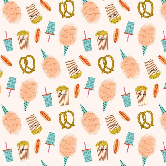 Cotton quilting fabric pattern called 'Snacks in Pearl'. Part of the 'Ticket to Ride' fabric collection. Designed by Faye Guanipa Collection for fabric company Dear Stella. SKU: ST-DFG2870PEARL. 44-45 inch width.