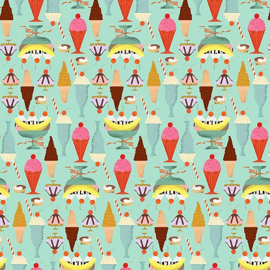 Cotton quilting fabric pattern called 'Scoops in Opal'. Part of the 'Ticket to Ride' fabric collection. Designed by Faye Guanipa Collection for fabric company Dear Stella. SKU: ST-DFG2872OPAL. 44-45 inch width.