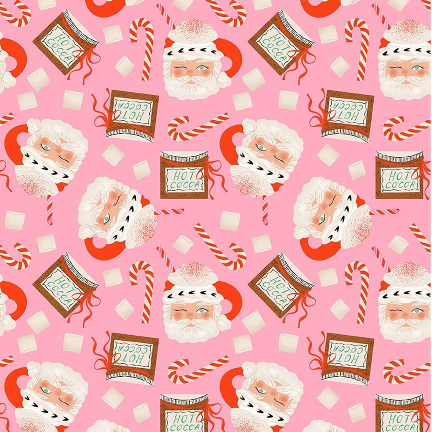 A closeup shot of the quilting fabric pattern called Santa Mugs, designed by Faye Guanipa for Dear Stella, in the flamingo colorway. The SKU is STELLA-DFG3183 FLAMINGO.