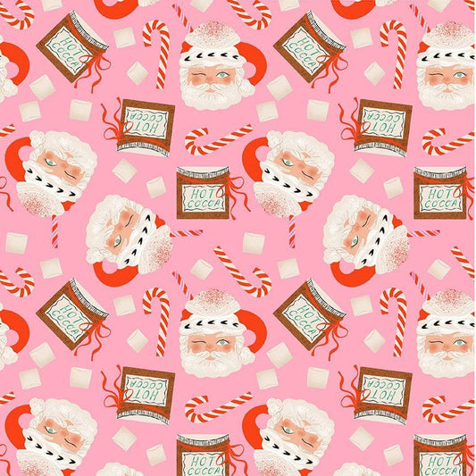 A closeup shot of the quilting fabric pattern called Santa Mugs, designed by Faye Guanipa for Dear Stella, in the flamingo colorway. The SKU is STELLA-DFG3183 FLAMINGO.