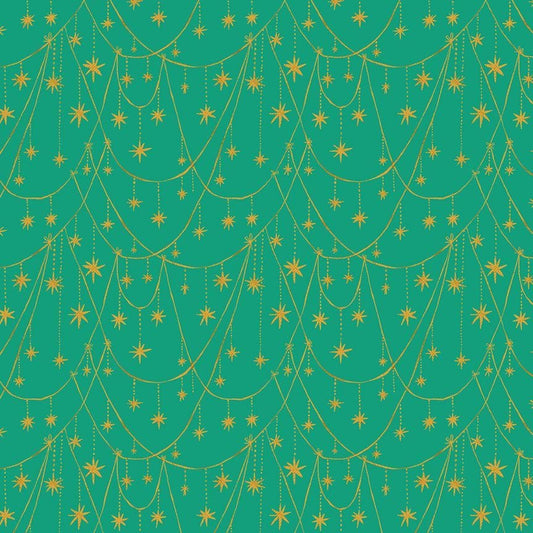 A closeup shot of the quilting fabric pattern called Star Garland, designed by Faye Guanipa for Dear Stella, in the peacock colorway. The SKU is STELLA-DFG3187 PEACOCK.