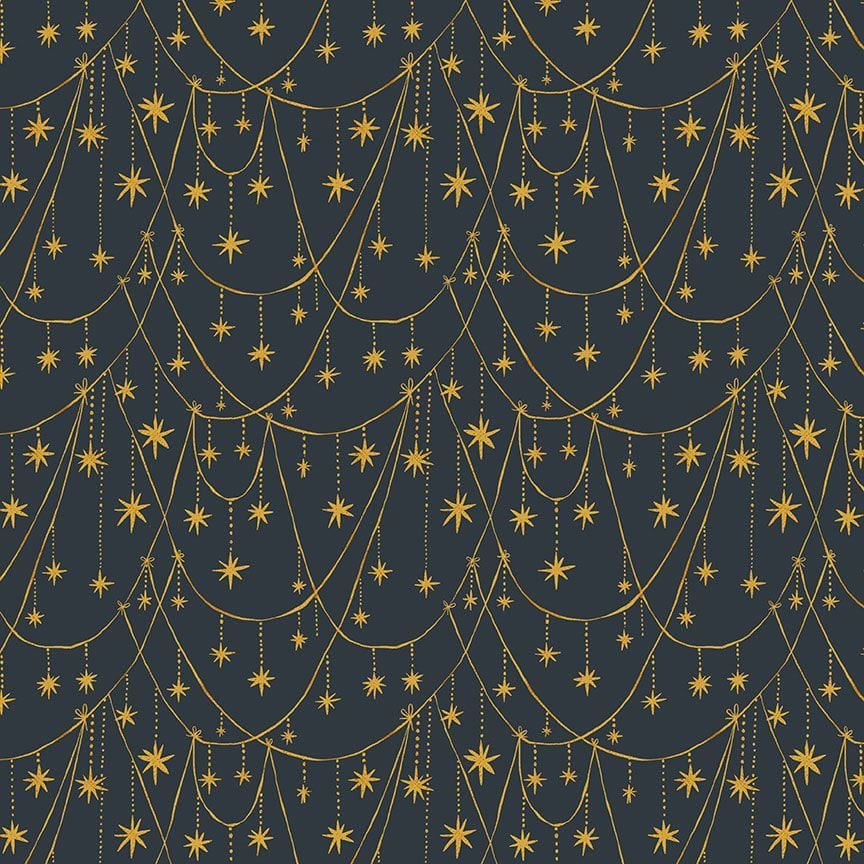 A closeup shot of the quilting fabric pattern called Star Garland, designed by Faye Guanipa for Dear Stella, in the slate colorway. The SKU is STELLA-DFG3187 SLATE.