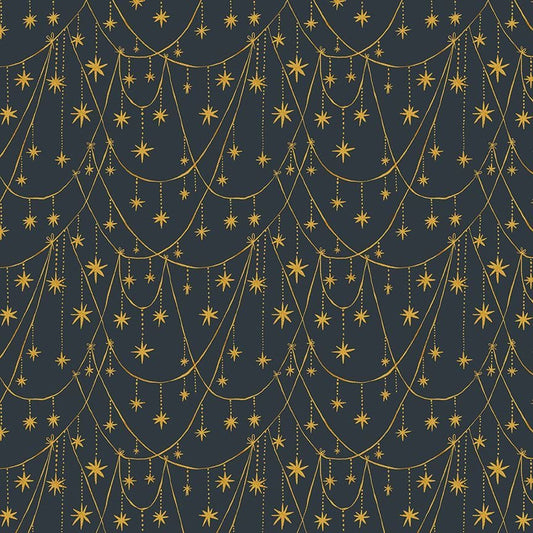 A closeup shot of the quilting fabric pattern called Star Garland, designed by Faye Guanipa for Dear Stella, in the slate colorway. The SKU is STELLA-DFG3187 SLATE.