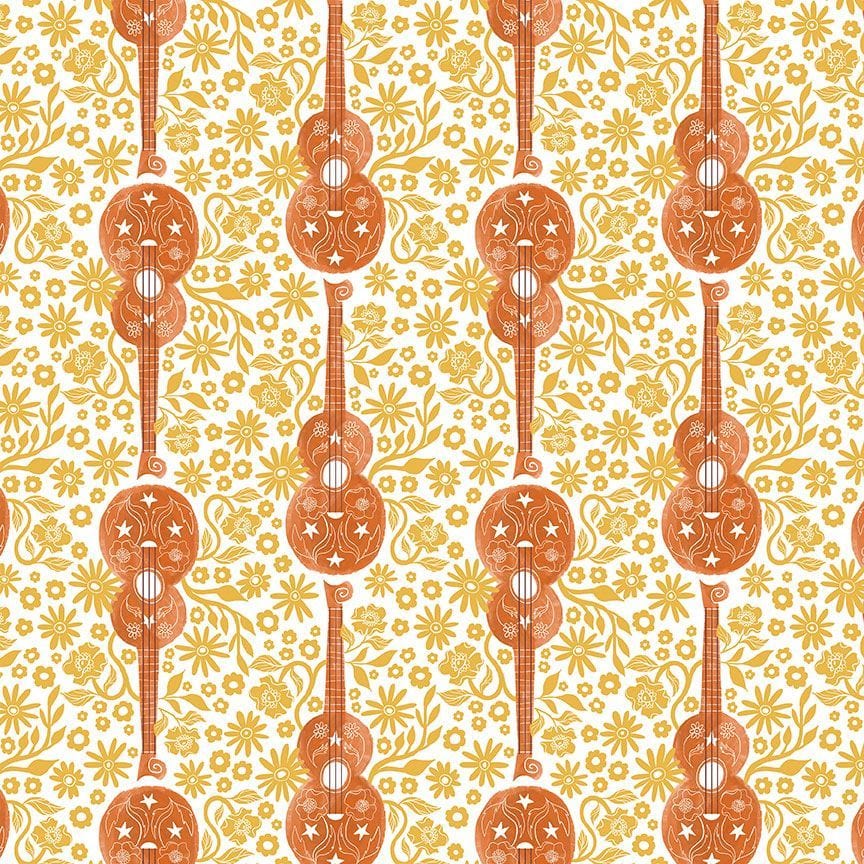 Cotton quilting fabric pattern called 'Guitar in Sun'. Part of the 'Shine On' fabric collection. Designed by Rae Ritchie for fabric company Dear Stella. SKU: ST-DRR2680SUN. 44-45 inch width.