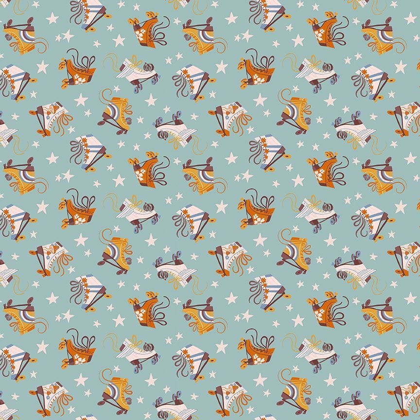 Cotton quilting fabric pattern called 'Roller Skates in Scuba'. Part of the 'Shine On' fabric collection. Designed by Rae Ritchie for fabric company Dear Stella. SKU: ST-DRR2682SCUBA. 44-45 inch width.