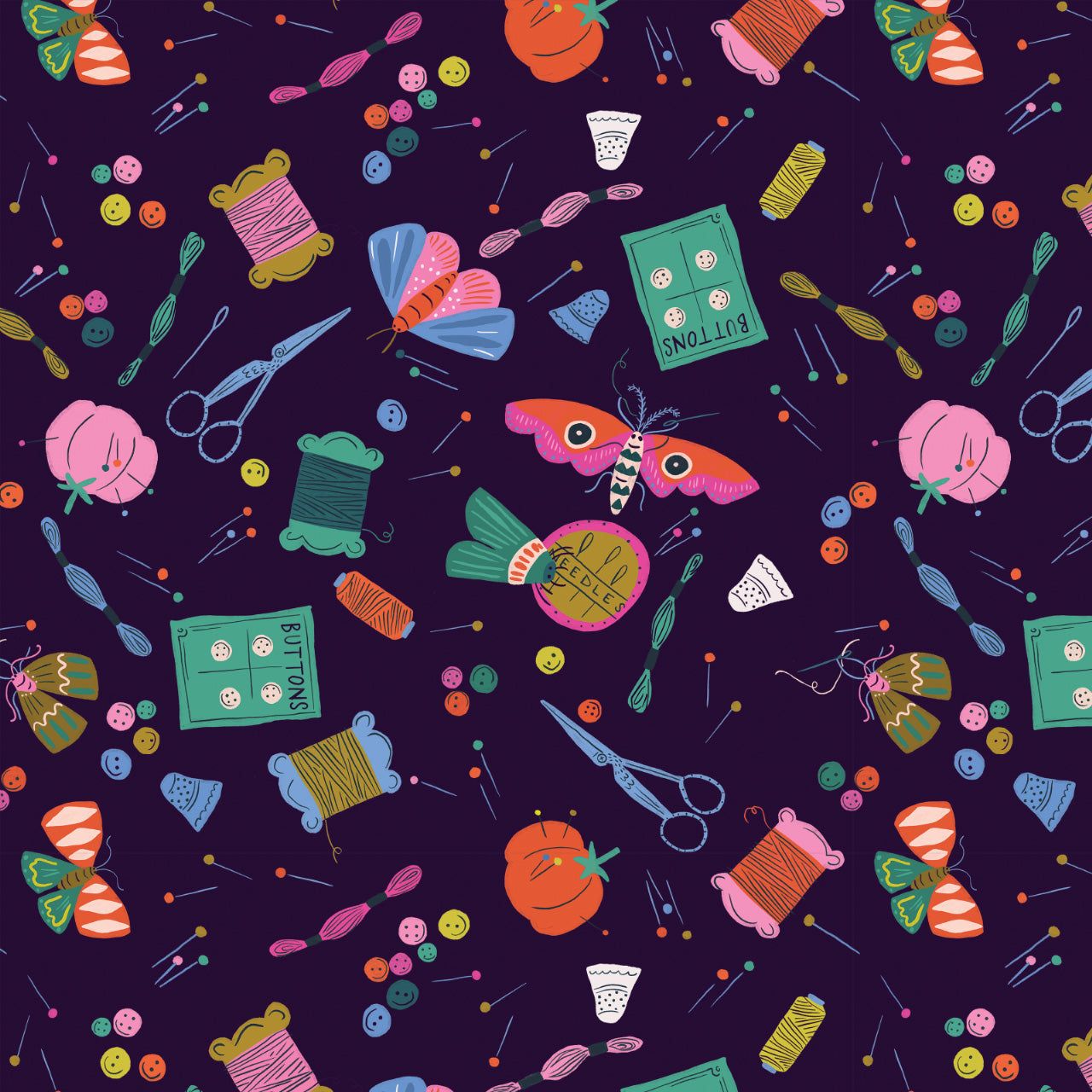 Moths and Notions quilting fabric, part of the Stitch & Sew fabric collection by Louise Cunningham (SKU: STITCH2385)