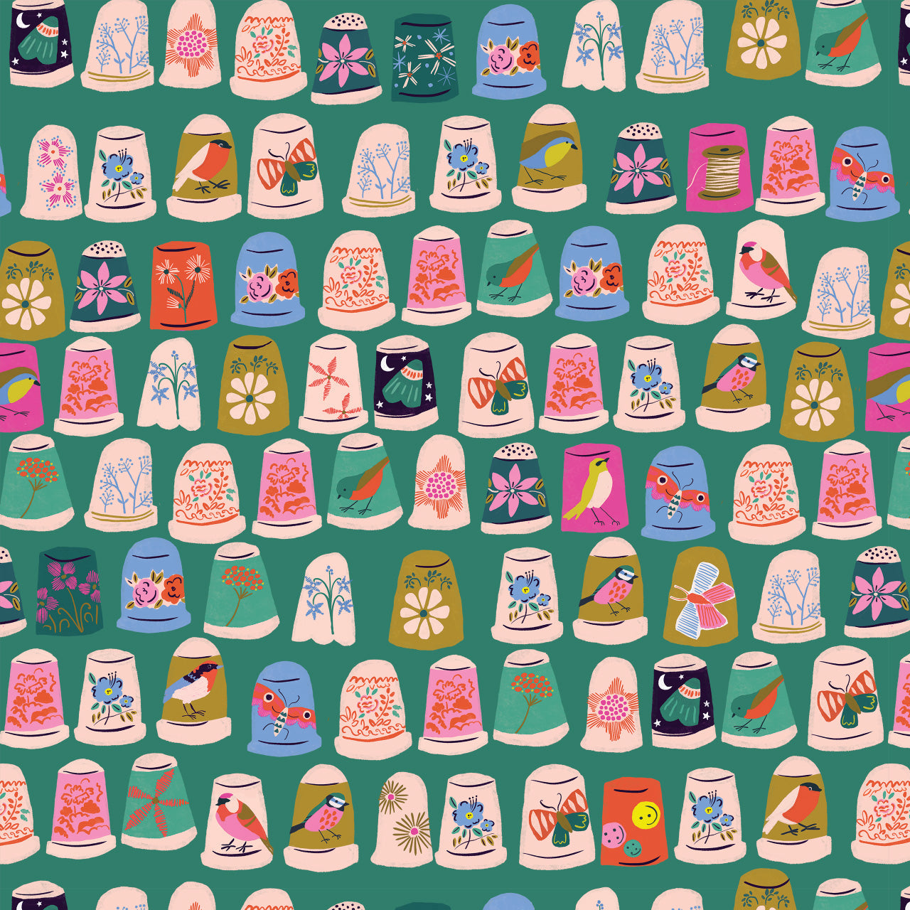 Thimbles on Green quilting fabric, part of the Stitch & Sew fabric collection by Louise Cunningham (SKU: STITCH2388)