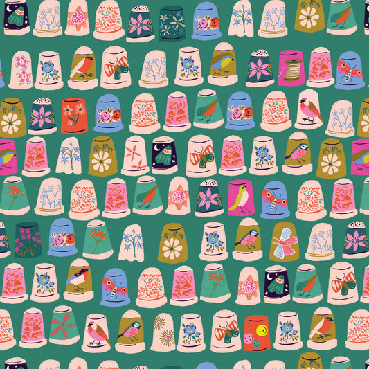 Thimbles on Green quilting fabric, part of the Stitch & Sew fabric collection by Louise Cunningham (SKU: STITCH2388)