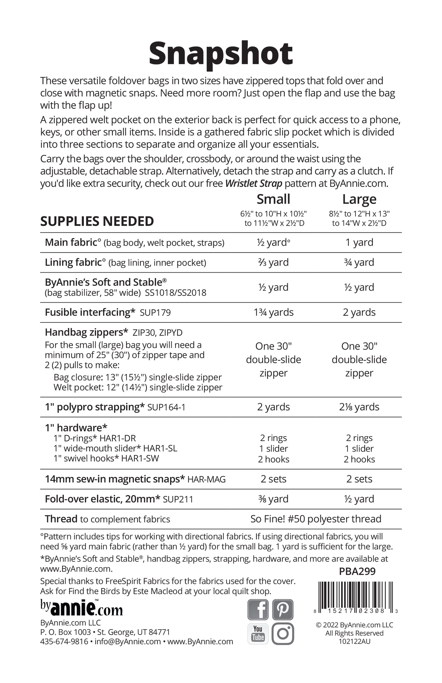 Snapshot - By Annie - Printed Bag Pattern - PBA299