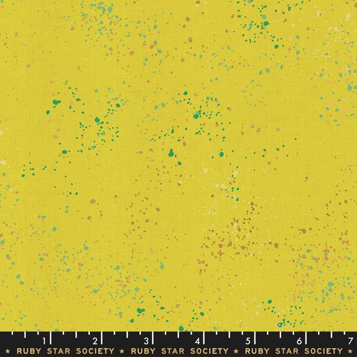 Cotton quilting fabric pattern called 'Citron'. Part of the 'Speckled Metallic' fabric collection. Designed by Ruby Star Society for fabric company Moda Fabrics. SKU: RS5027 65M. 44-45 inch width.