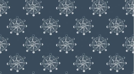 Cotton quilting fabric pattern called 'Star Compass in Bluesteel-  Rae Ritchie for Dear Stella'. Part of the 'Aweigh North' fabric collection. Designed by Rae Ritchie for fabric company Dear Stella Fabrics. SKU: ST-SRR1061. 44-45 inch width.
