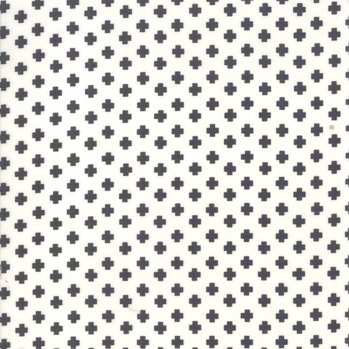 Cotton quilting fabric pattern called 'Crosses in Charcoal'. Part of the 'The Christmas Card' fabric collection. Designed by Sweetwater Road for fabric company Moda Fabrics. SKU: 5777 13. 44-45 inch width.