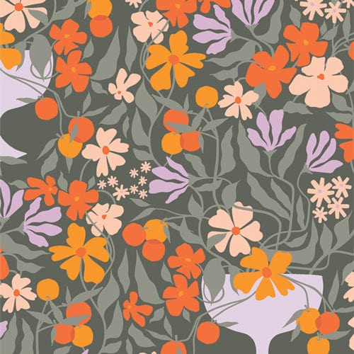 A closeup shot of the quilting fabric pattern called Growing Centerpiece, designed by AGF Studio as part of the Tangerine collection. The SKU is TAN69900.