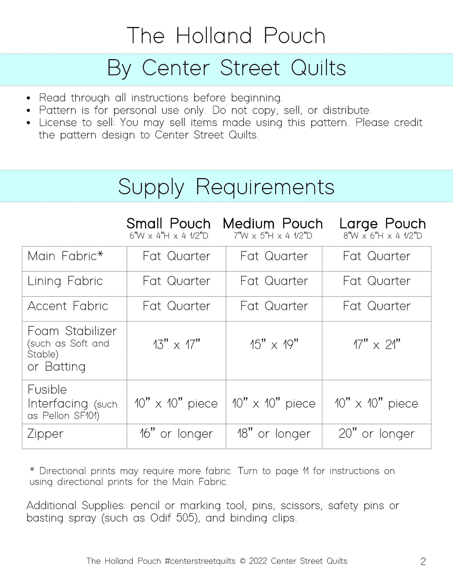 Center Street Quilts - Holland Pouch Pattern - CEN102