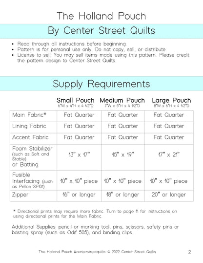 Center Street Quilts - Holland Pouch Pattern - CEN102
