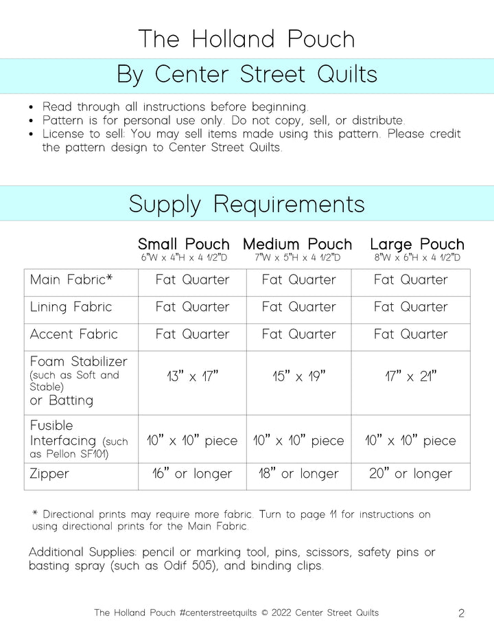 Center Street Quilts - Holland Pouch Pattern - CSQ-HOLLP
