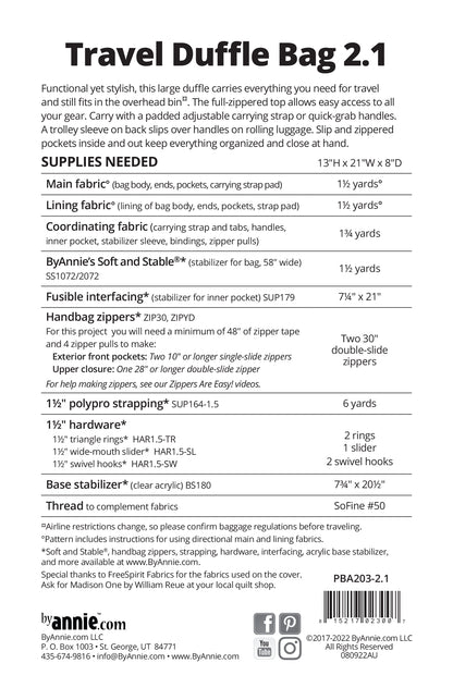 Travel Duffle 2.1 - By Annie - Printed Bag Pattern - PBA203-2.1