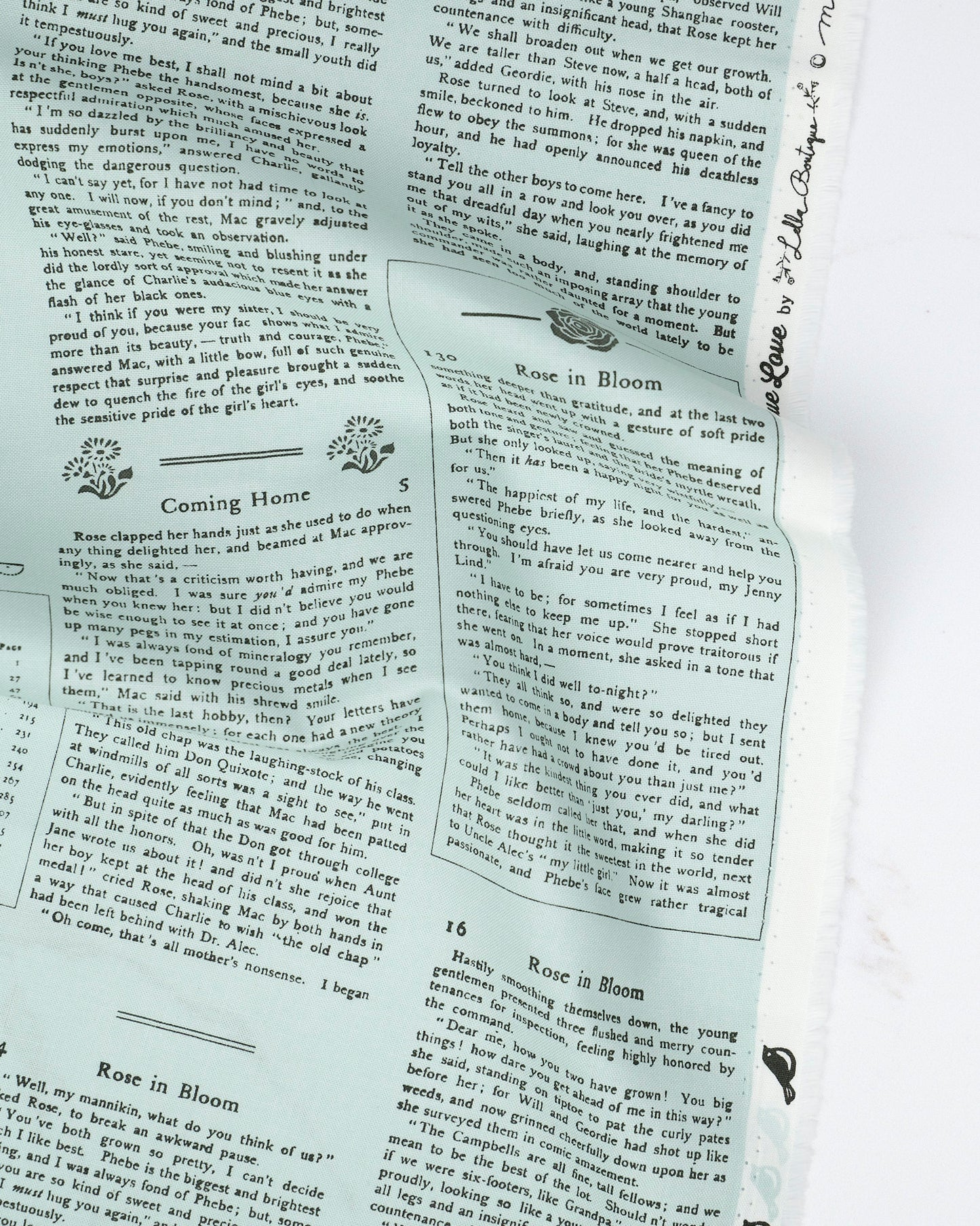 Alcott Text and Words Robins Egg quilting fabric, part of the True Love fabric collection by Lella Boutique (SKU: 5263 14)