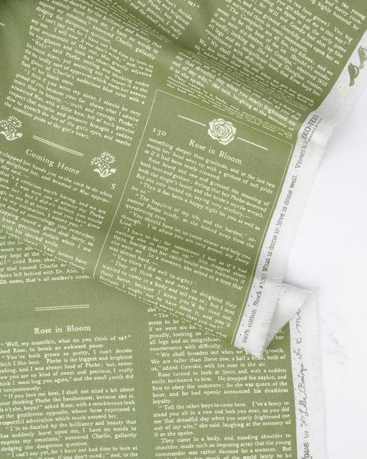 Alcott Text and Words Fern quilting fabric, part of the True Love fabric collection by Lella Boutique (SKU: 5263 15)