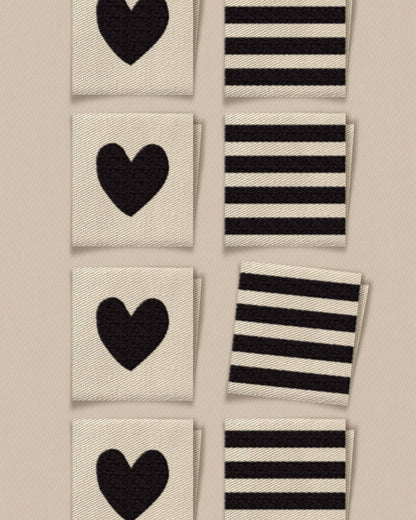 Black Heart and Stripe Square Garment Labels: Set of 8
