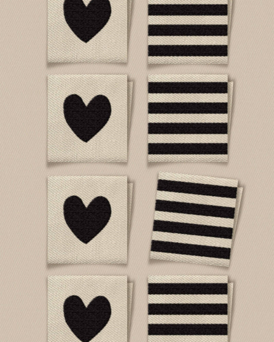 Black Heart and Stripe Square Garment Labels: Set of 8