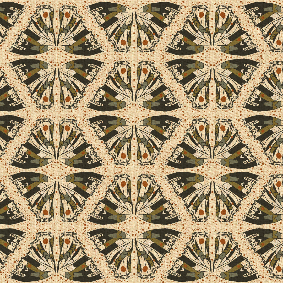 Cotton quilting fabric pattern called 'Swallowtail In Olive Unbleached Canvas'. Part of the 'Scout Lake' fabric collection. Designed by Ash Cascade for fabric company RJR Fabrics. SKU: AC400-OL7UCM. 44-45 inch width.