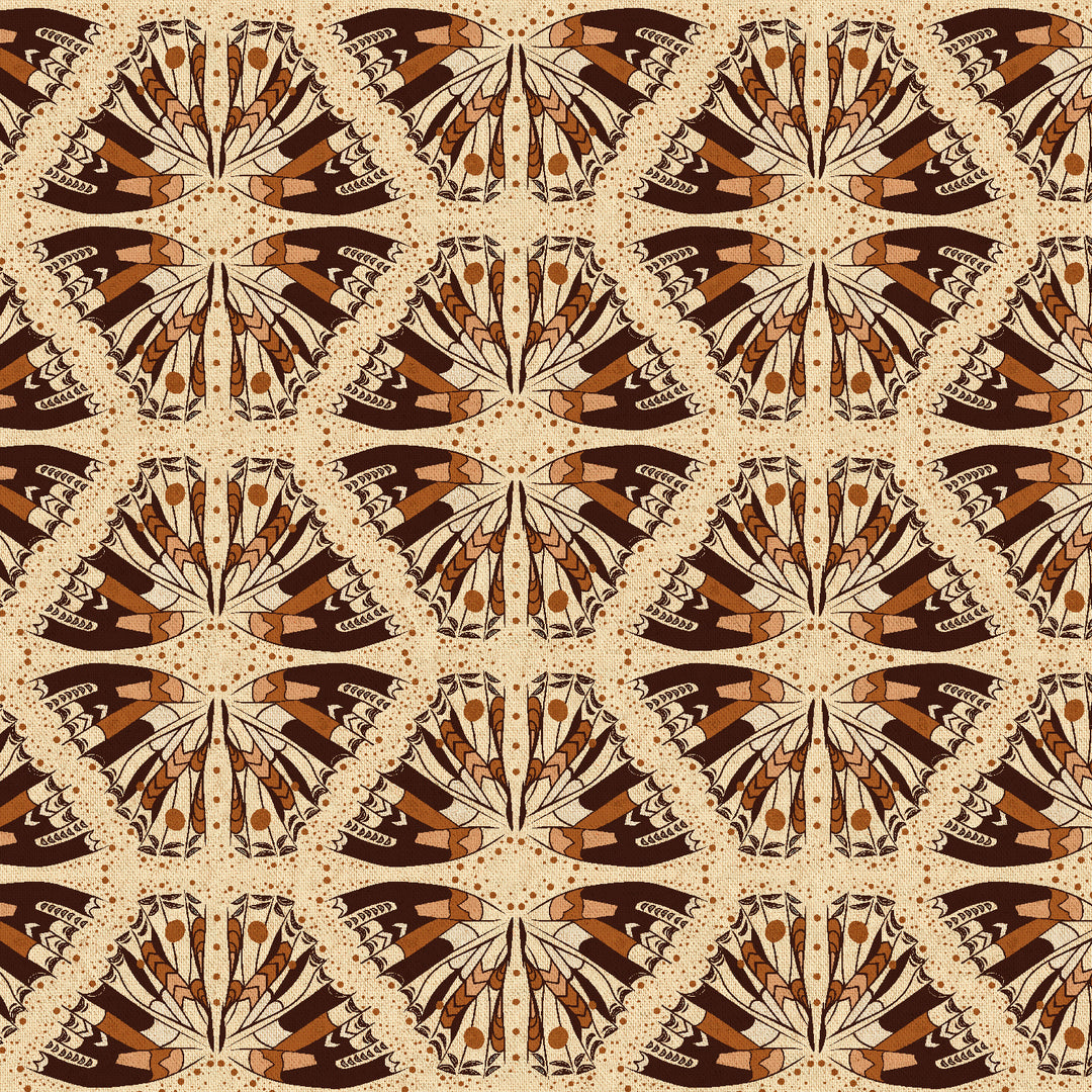 Cotton quilting fabric pattern called 'Swallowtail In Reflection Unbleached Canvas'. Part of the 'Scout Lake' fabric collection. Designed by Ash Cascade for fabric company RJR Fabrics. SKU: AC400-RE8UCM. 44-45 inch width.