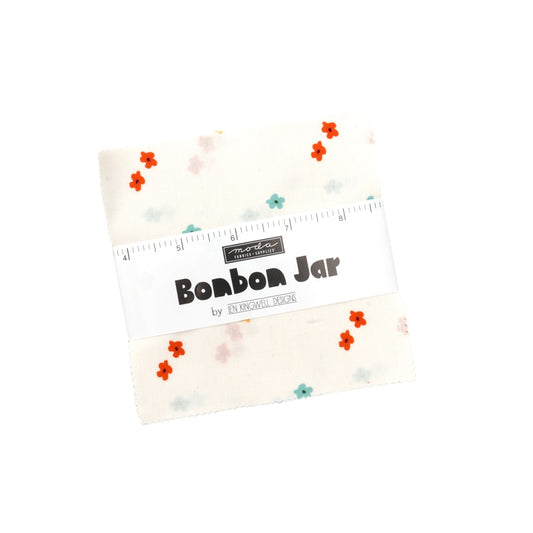 Moda's Bonbon Jar Charm Pack by Jen Kingwell. 42 squares of cotton quilting fabric, 5 in x 5 in, SKU 18278PP